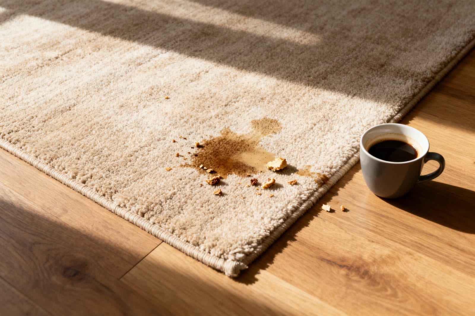 Alfombra beige de salón con una mancha de café y migas, junto a una taza