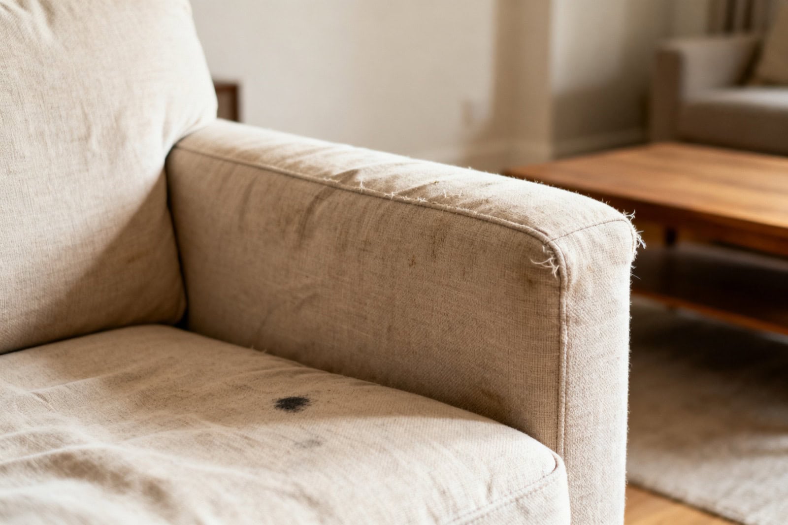 Brazo y asiento de un sofá de tela clara con marcas de uso y una mancha